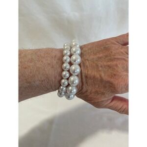 White‎ Faux Pearl Stretch Bracelet Set 2 Piece Stackable Beaded Jewelry Classic
